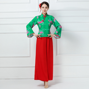 新款喜庆演出服女曲沟辣妈秧歌服接送新娘开业庆典扇子舞服装印花