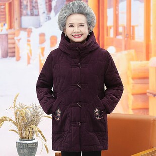 老年人冬装棉衣女加绒加厚奶奶棉袄中长款妈妈灯芯绒外套老人衣服