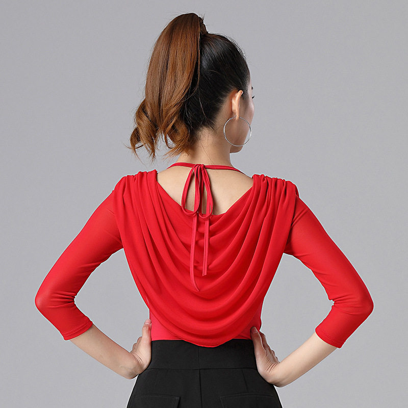 舞练功服女拉丁七分袖网纱上衣红色拉丁舞舞蹈小衫广场舞衣服