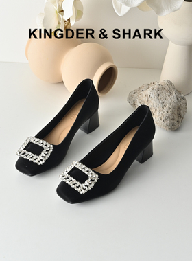 KDS经典鲨女鞋2026年春专柜新品时尚方头黑色中粗跟气质水钻单鞋