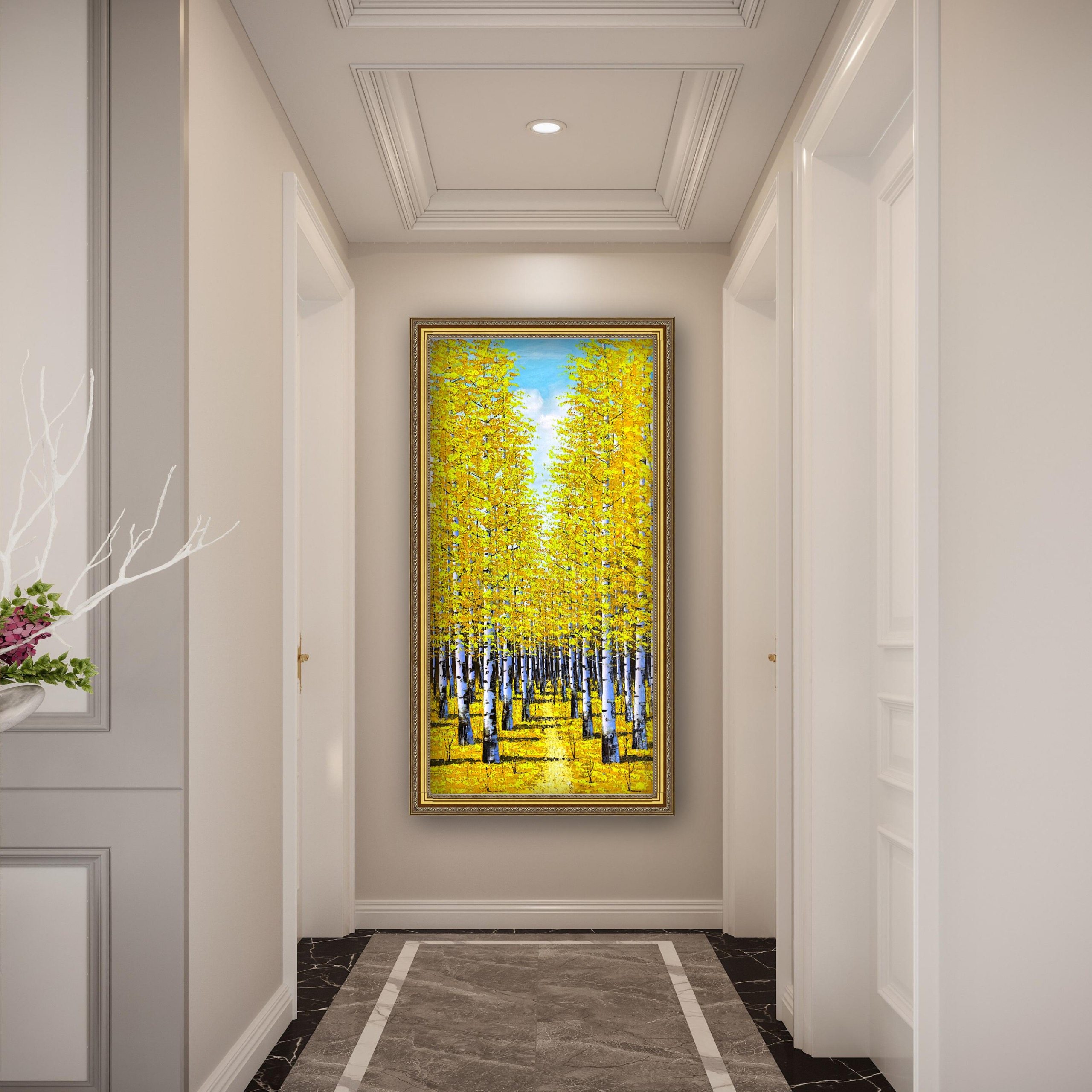 纯手绘油画黄金大道满地风景树林发财树走廊过道玄关装饰壁画
