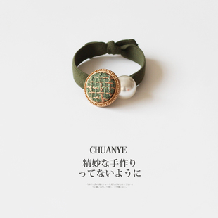 川野复古纽扣头绳女小香风毛线编织发圈气质皮筋珍珠绑高马尾发绳