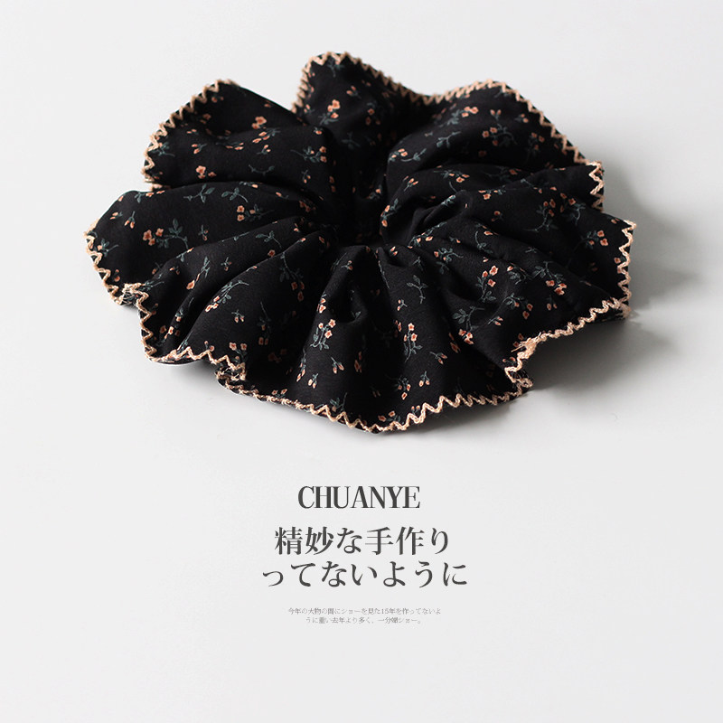 川野韩系黑色碎花波浪粉边荷叶大肠发圈复古蓬松显发量低丸子头绳