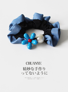 川野法式蓝色小花蓝边小肠发圈女新款可爱百搭扎低马尾的头花发饰