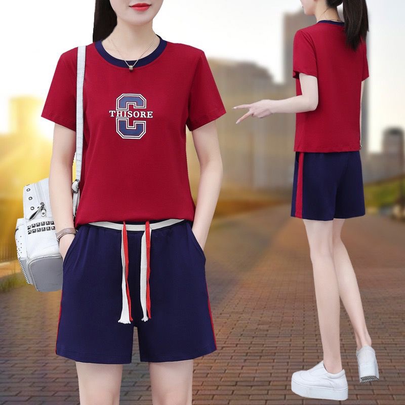 纯棉休闲运动服套装女2025夏季新款时尚洋气减龄短袖阔腿裤两件套