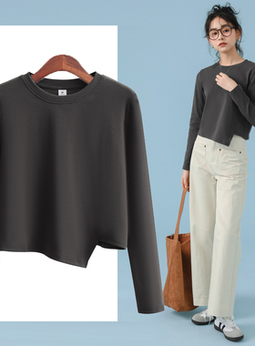 灰色正肩长袖t恤女体恤内搭上衣遮肚子2025设计感小众短款春夏季