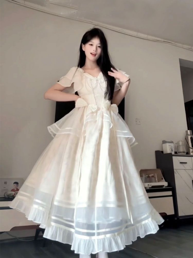 甜美白月光设计感软妹lolita礼服夏季新款气质短袖收腰生日连衣裙