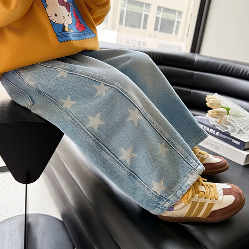 女童星星弯刀阔腿牛仔裤春秋裤子