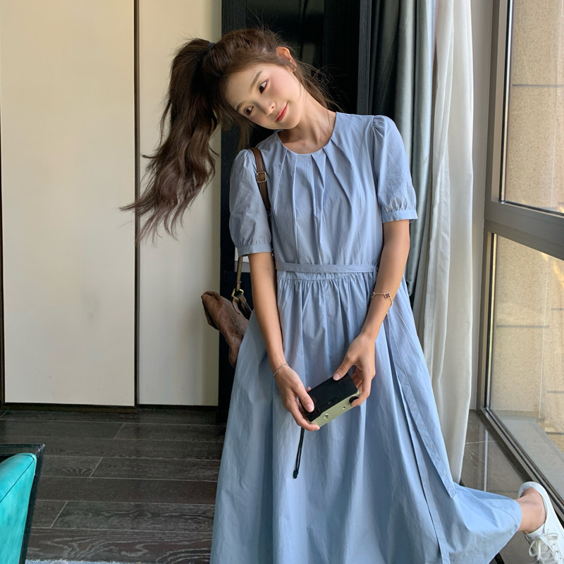 蓝色褶皱半开领衬衫连衣裙女夏季新款韩版宽松系带收腰显瘦中长裙,女装连衣裙,浙宝179