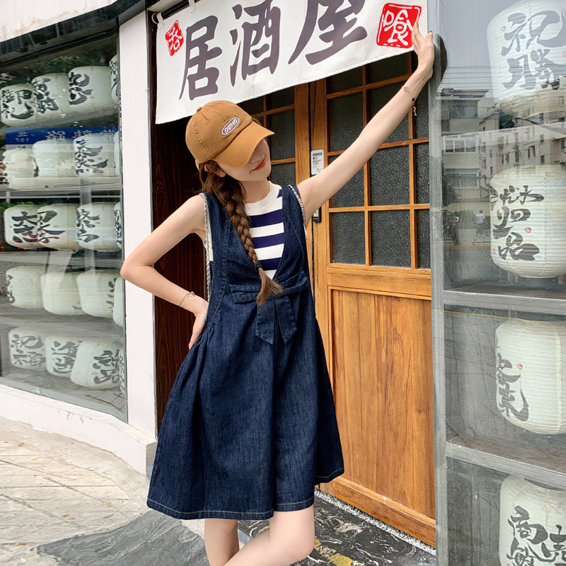 高级感复古牛仔背带裤女夏2025新款学院风宽松薄款蝴蝶结阔腿短裤,女装连衣裙,浙宝179