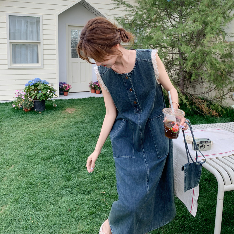 法式蕾丝花边配包无袖牛仔连衣裙女2025夏季新款宽松遮肚显瘦长裙,女装连衣裙,浙宝179