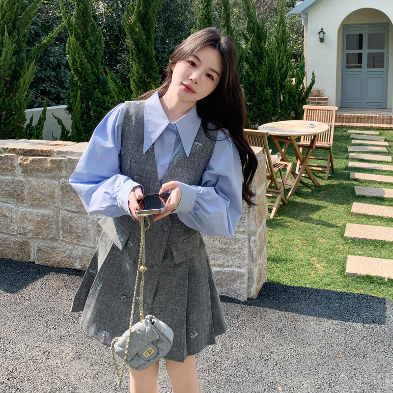 灰蓝学院风刺绣背心裙套装女秋季2025新款小个子连衣裙衬衫两件套,女装套装/套裙,浙宝179
