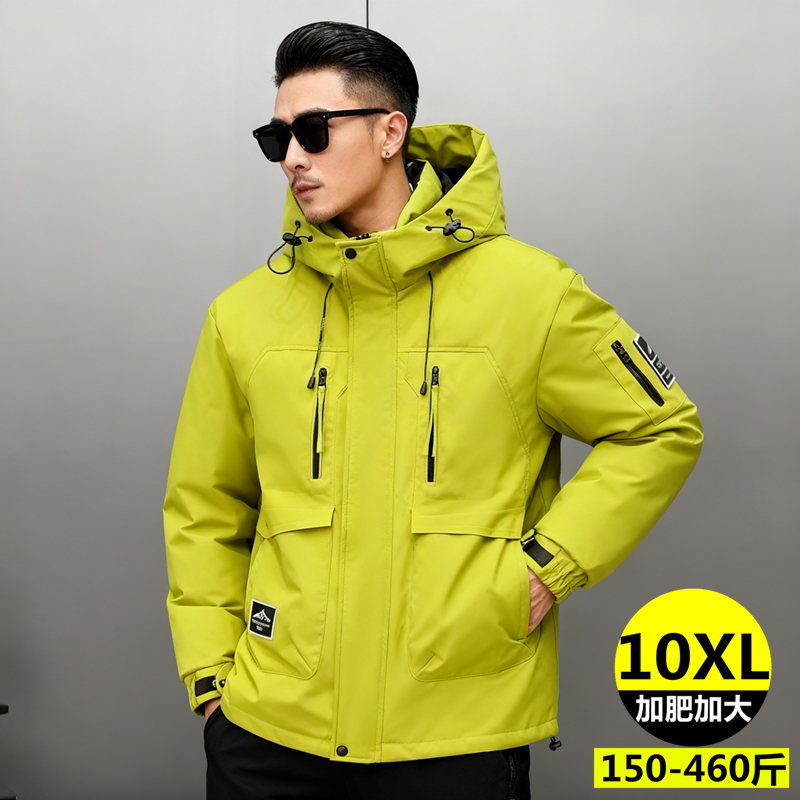 大码中长款工装棉服冲锋衣防风保暖时尚胖男孩青年肥佬280斤棉衣