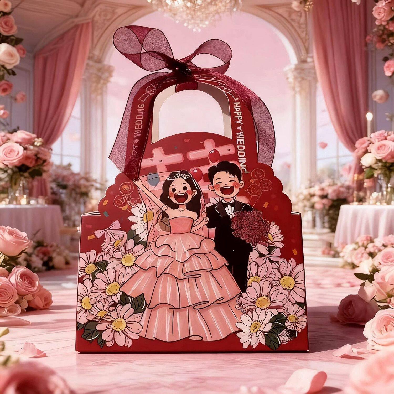 卡通浪漫喜糖盒高端伴手礼可放烟糖果糖果手提袋手提式糖果盒