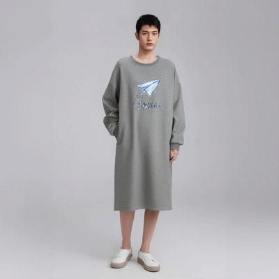 长袖棉质睡裙男秋季薄款宽松中长款睡袍一体式浴袍连体睡衣家居服