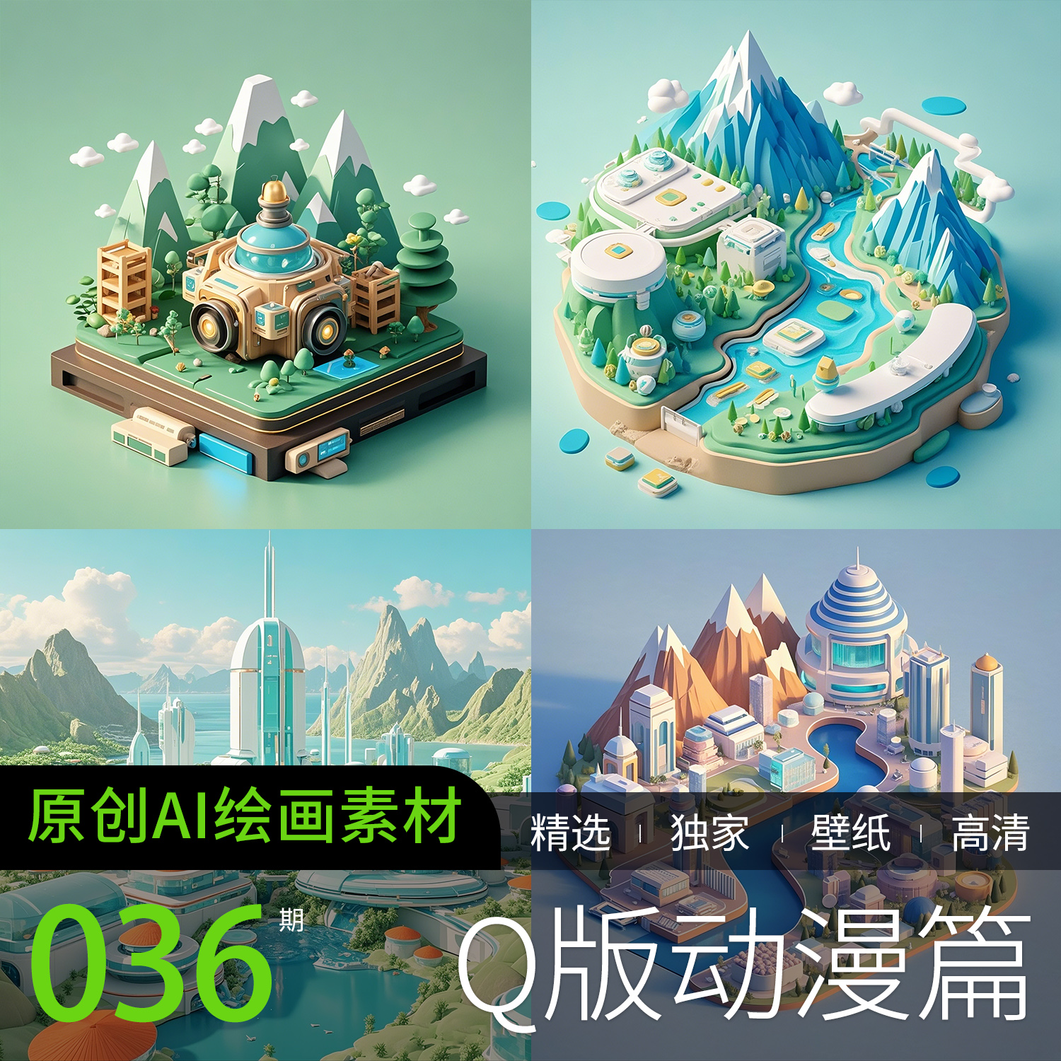 AI原创绘画手办机械玩具模型山川卡通动漫Q可爱头像素材背景图片