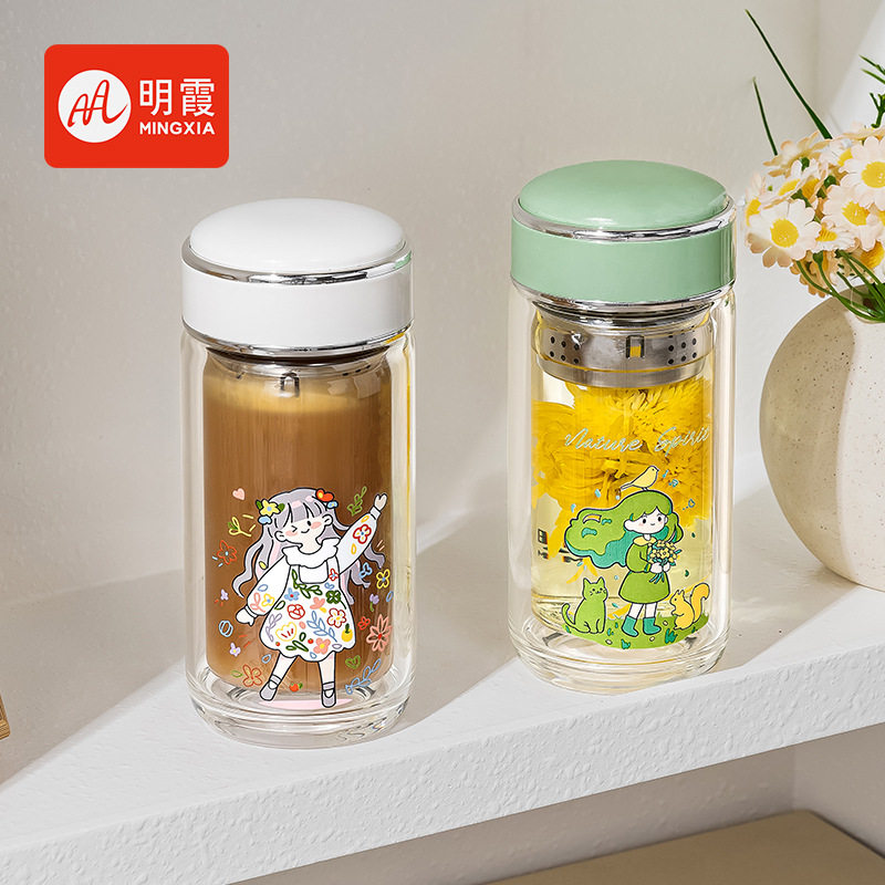 明霞INS玻璃杯高颜值女双层加厚可爱水杯便携泡茶水杯子定制