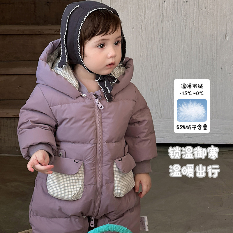 婴幼儿连体衣新国标90白鸭绒冬季新款宝宝连帽加厚可爱长爬服 a类