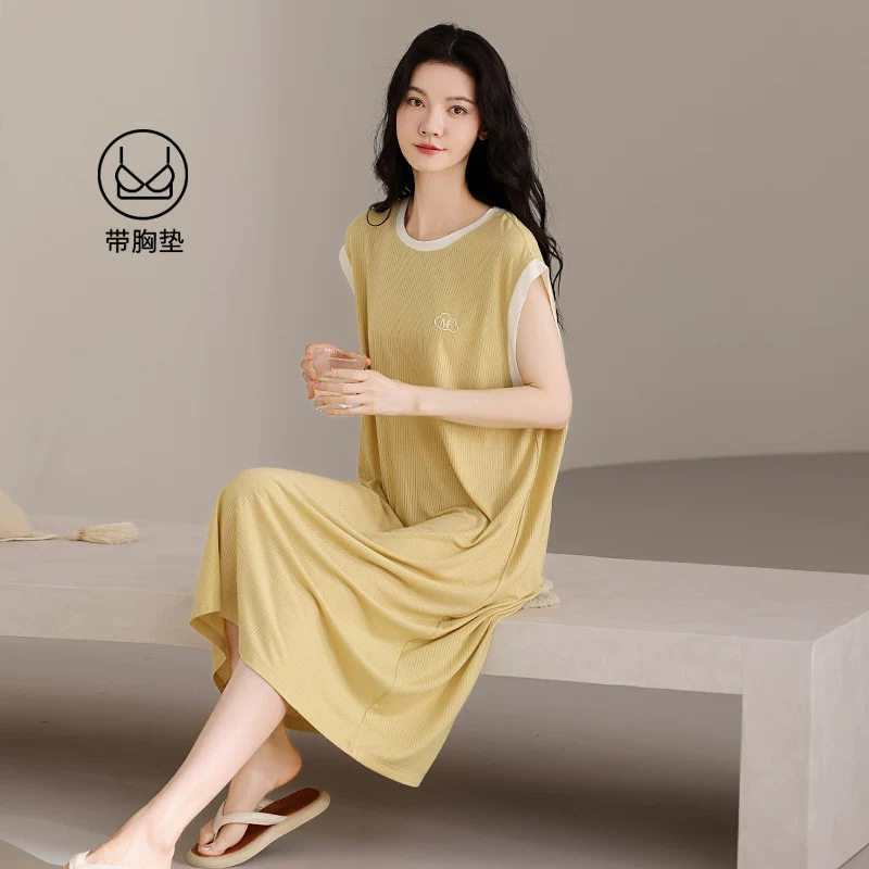 夏季莫代尔冰丝带胸垫长款睡裙图片