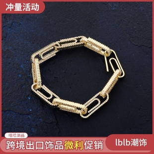 欧美街头嘻哈气质时尚双色个性曲别针项链满钻锆石潮男手链hiphop