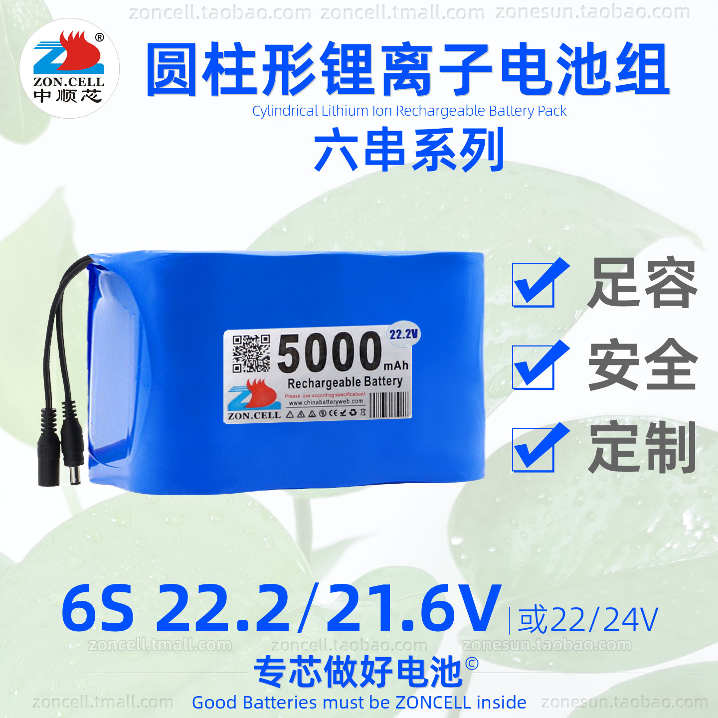 中顺芯6串圆柱锂离子电池组22.2V