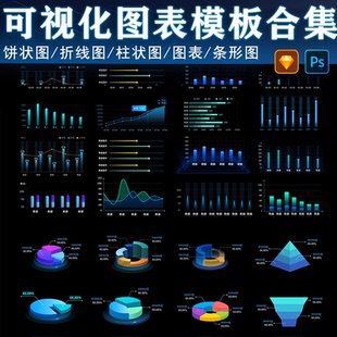 C130可视化大屏组件图标折线图饼图立体图表PSDketch源文件素材