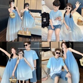 海边度假亲子装 t恤婴儿T 夏母女渐变吊带连衣裙一家三四口沙滩短袖