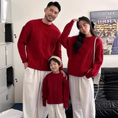 针织衫 麻花毛衣母女韩版 过拜年服一家三四口全 红色亲子装 秋冬新款