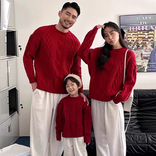 针织衫 麻花毛衣母女韩版 过拜年服一家三四口全 红色亲子装 秋冬新款