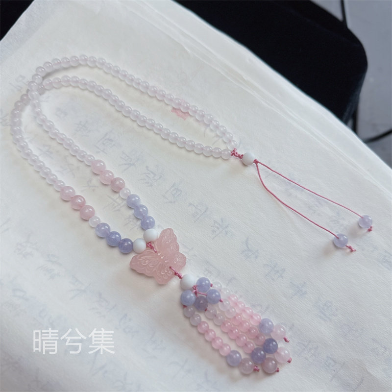 粉星蝴蝶 软璎珞汉服配饰中式链子天然石粉晶海蓝宝蝴蝶旗袍项链,饰品/流行首饰/时尚饰品新,项链,淘宝优惠券,粉丝福利购,淘宝优惠卷