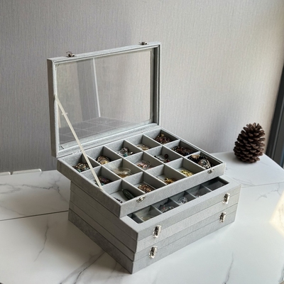大容量轻奢饰品收纳盒灰绒玻璃盖展示手串耳钉吊坠戒指项链小格子