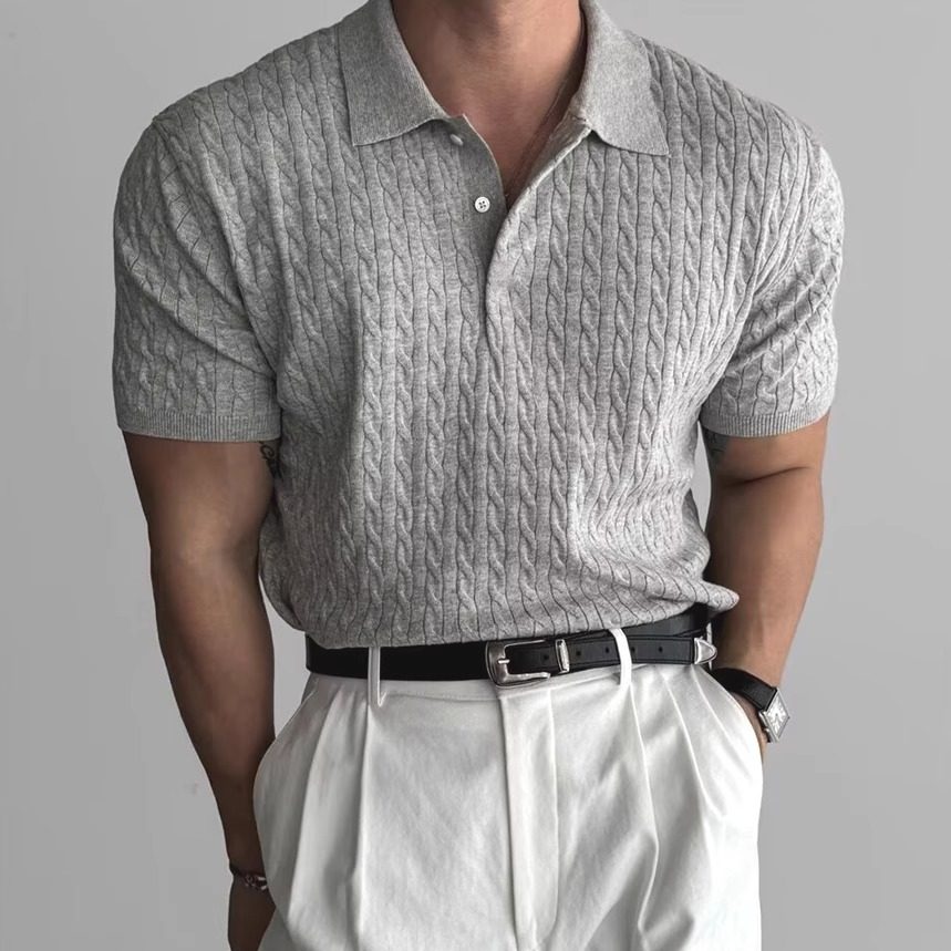 欧美麻花扭绳针织polo衫男修身凉感透气短袖卫衣肌理感保罗领t恤