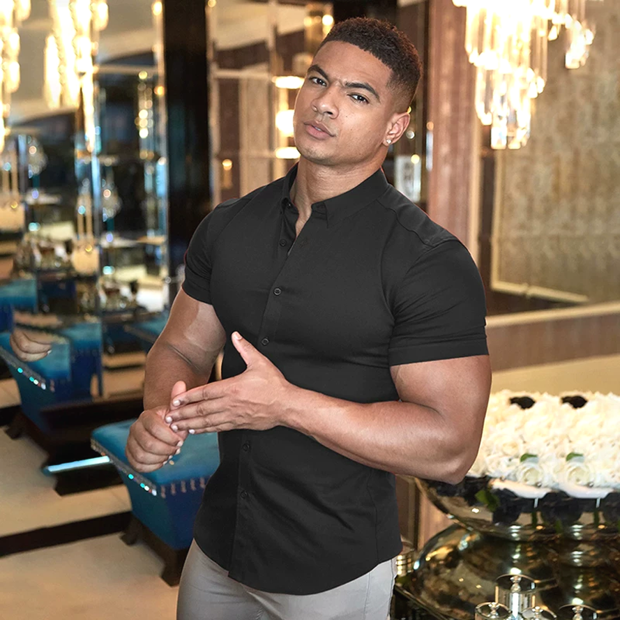 显肌肉运动衬衫男硬汉紧身短袖开衫免烫无痕休闲工装衬衣冰丝雪纺,男装,衬衫,淘宝优惠券,粉丝福利购,淘宝优惠卷