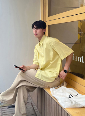 高级感黄色衬衫男美式cityboy宽松短袖免烫冰丝雪纺衬衣薄款外套