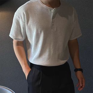 美式 亨利衫 男華夫格肌理感短袖 t恤商務(wù)休閑門筒領(lǐng)衛(wèi)衣潮 復(fù)古工裝