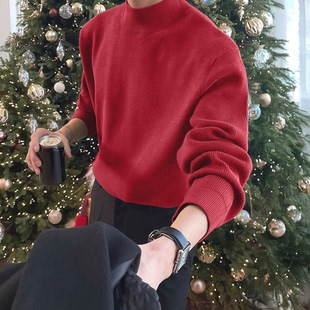 圣诞节红色包芯纱针织衫男半高领修身长袖卫衣西服内搭打底羊毛衫