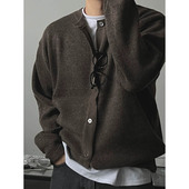 卫衣外套美式 老钱风包芯纱针织开衫 男圆领排扣长袖 松弛感羊毛夹克