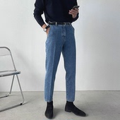 男小直筒显瘦九分裤 型牛仔裤 水洗做旧工装 裤 潮 西裤 子蓝色西装 版