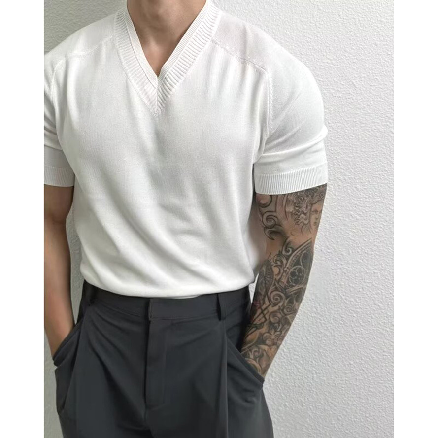 美式硬汉丝光棉冰丝t恤肌肉男v领设计感插肩短袖凉感透气针织卫衣