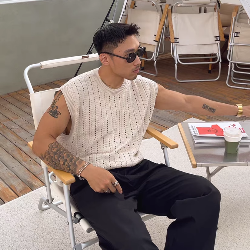 美式硬汉镂空针织背心透视打底