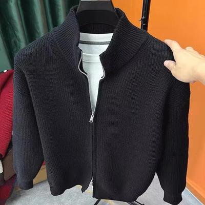 双拉链针织衫男立领修身长袖开衫