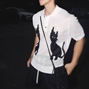 美式 镂空针织polo衫 男趣味卡通小猫短袖 卫衣性感透视翻领防晒罩衫
