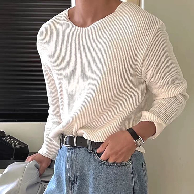 美式u型大领针织防晒罩衫男薄款透气宽松长袖t恤松弛感拉领打底衫