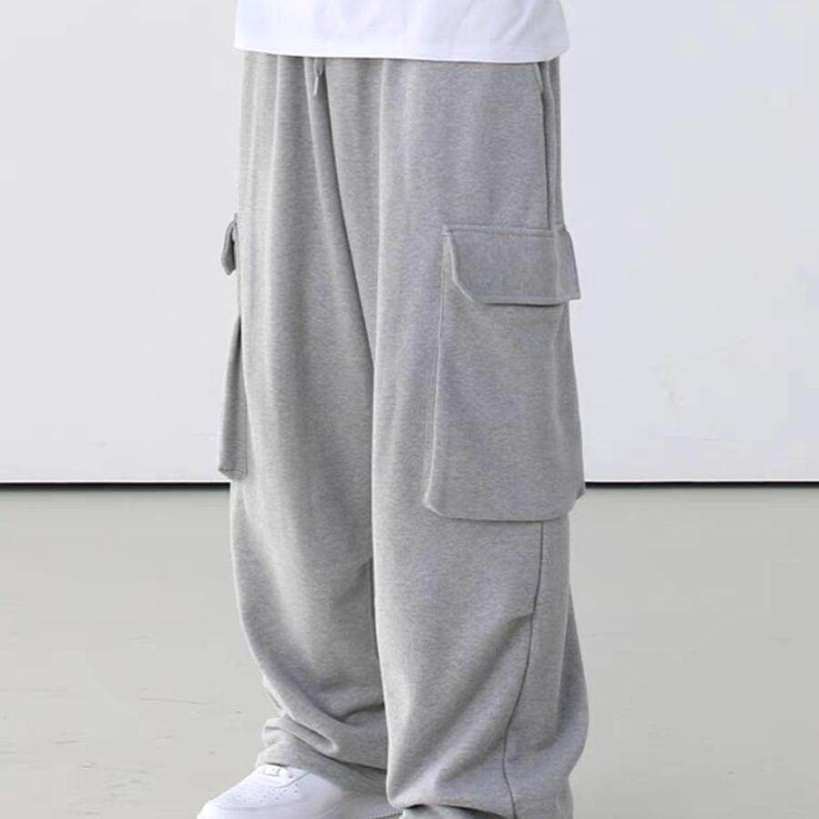 欧式阔腿运动裤男长裤立体口袋工装卫裤灰色棉质休闲裤宽松直筒潮