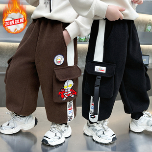 男童加绒裤子秋冬一体绒奥特曼工装裤束脚长裤秋冬保暖儿童休闲裤