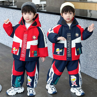 奥特曼衣服男童秋冬套装儿童加绒加厚男孩冲锋衣宝宝炸街两件套