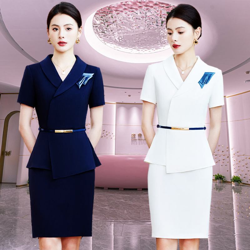 2024夏季丝巾短袖职业套装气质女时尚酒店前台售楼部美容院工作服