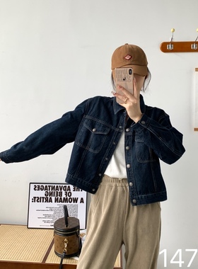 ZZ.com147短款小个子深蓝色牛仔夹克外套时尚气质休闲双口袋设计