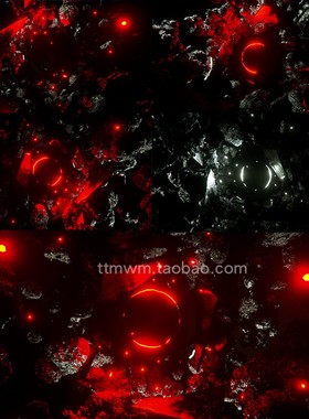 3个红色未来太空碎陨石隧道舞台背景大屏3D动画视频素材循环loops