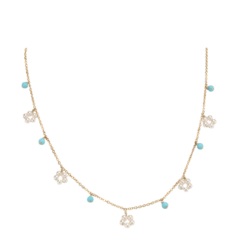 Genevieve/珍妮芙秀气珍珠项链 珍珠花球青松石满天星项链 锁骨链